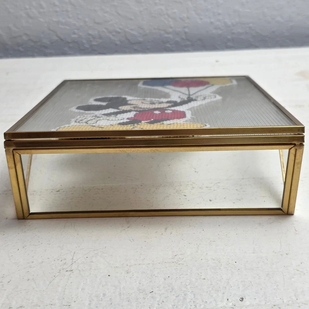 Vintage Mickey Mouse Cross Stitch Picture Gold Frame Holding Balloon Glass Decor